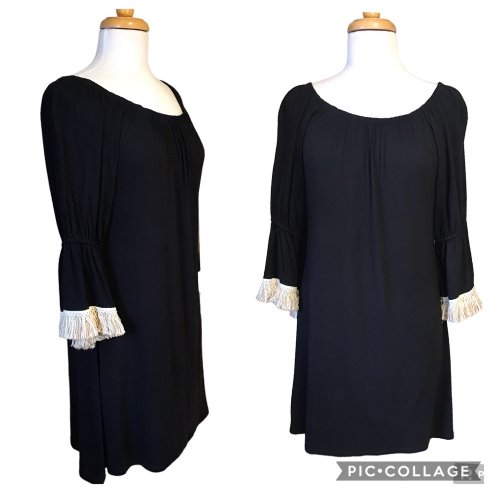 Rachel Kate Black Knit Dress With Fringe Sleeves Size L Beach Summer Vacation